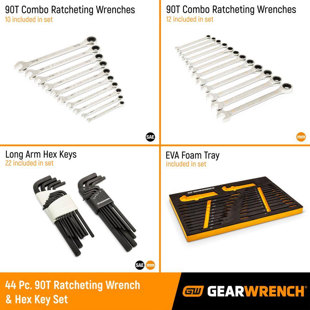 GEARWRENCH 44pc 90T SAE/Metric Combination Ratcheting Wrench & Long Arm Hex Key Set with EVA Foam Tray