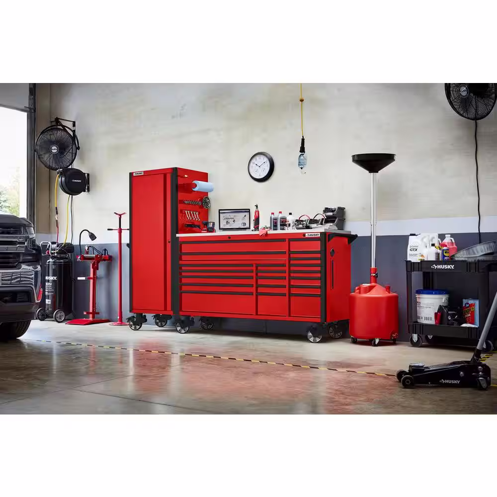 Husky 72 in. W x 24.5 in. D Professional Duty 20-Drawer Mobile Workbench Tool Storage Combo with Side Locker in Red