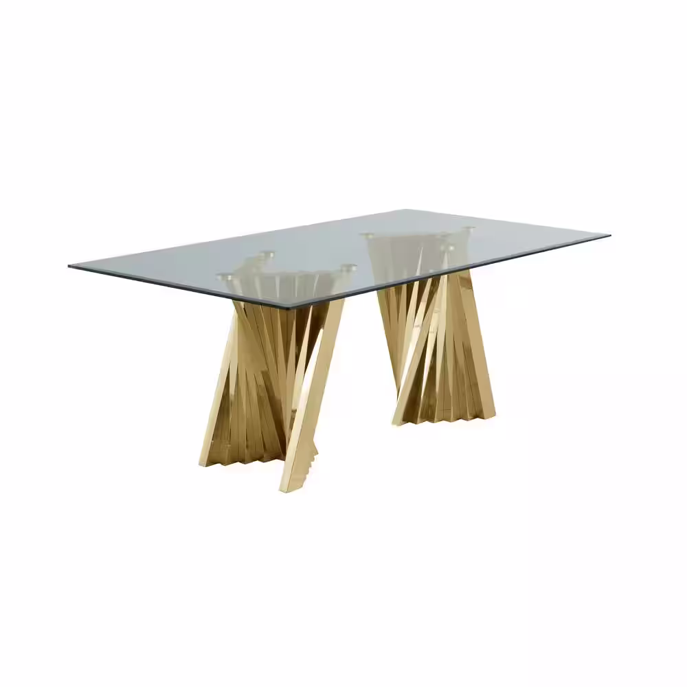 None Becky 7-Piece Rectangular Glass Top with Gold Stainless Steel Base Table Set with 6-Cream/Beige Nail Head Velvet Chair