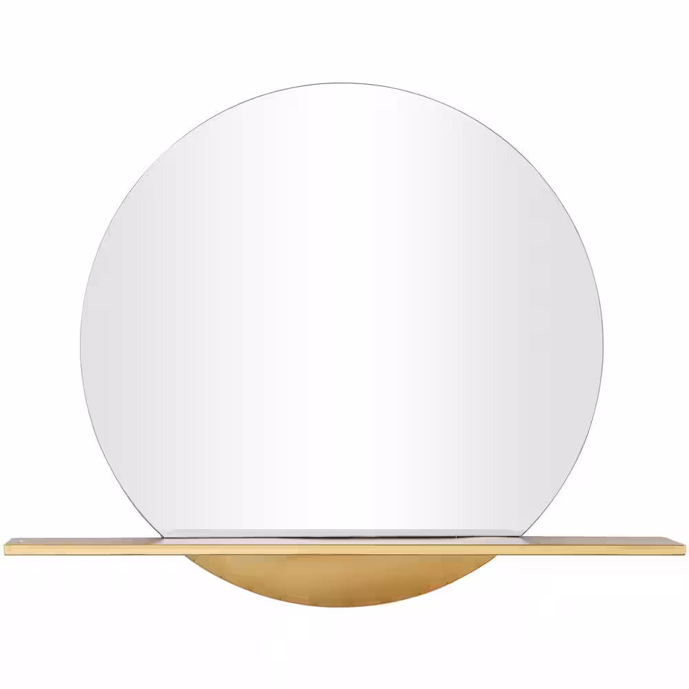 Litton Lane 28 in. x 35 in. 1 Shelf Round Frameless Gold Wall Mirror