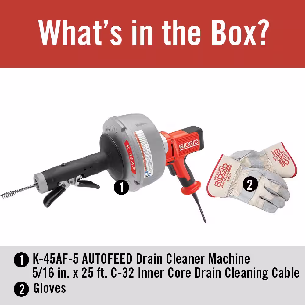 RIDGID K-45AF-5 Drain Cleaning Autofeed Snake Auger Machine with C-1 5/16 in. x 25 ft. Inner Core Cable, Gloves + 5 Pc Tool Set