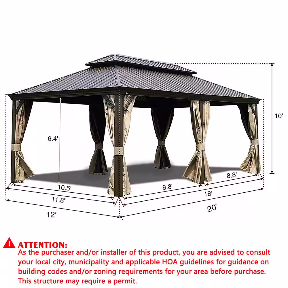 KOZYARD Alexander 12 ft. D x 10 ft. H x 20 ft. W Hardtop Double-Roof Aluminum Gazebo with Privacy Curtain and Mosquito Net