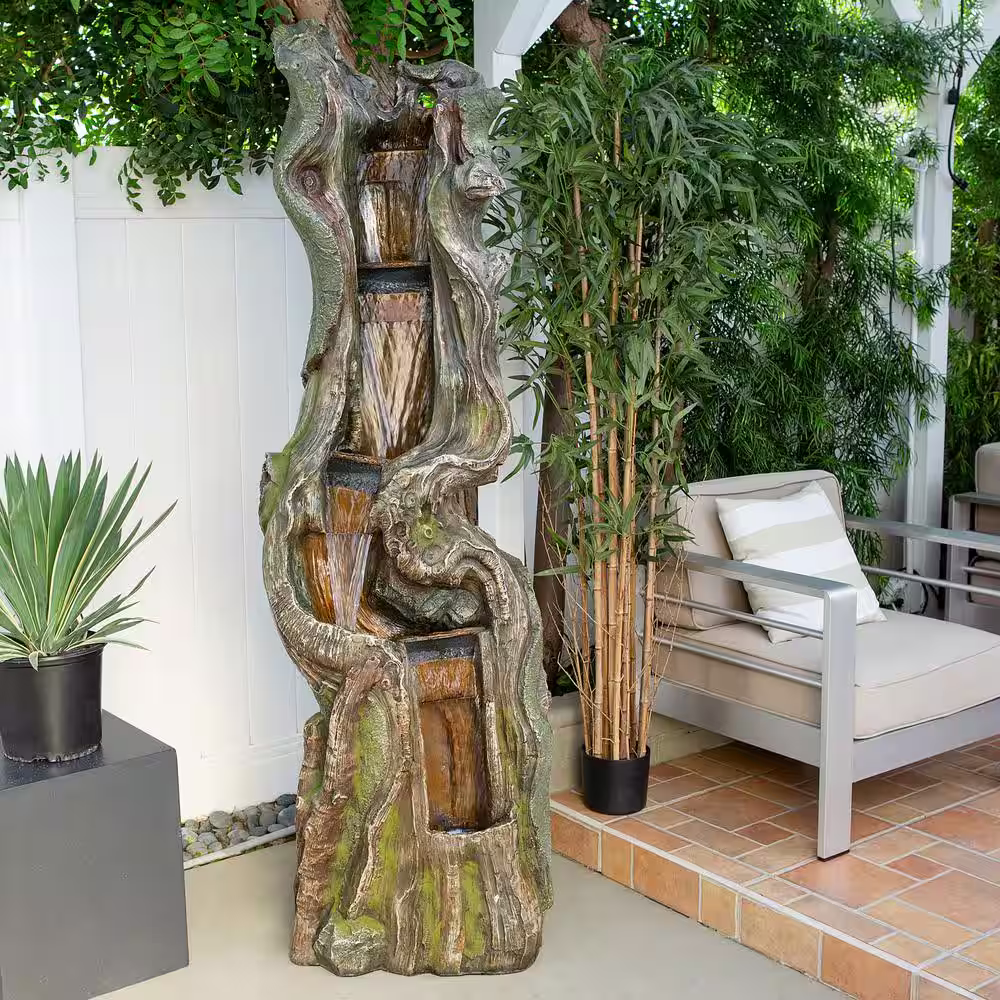 Alpine Corporation 79 in. Tall Outdoor Tree Trunk Waterfall Floor Fountain with LED Lights
