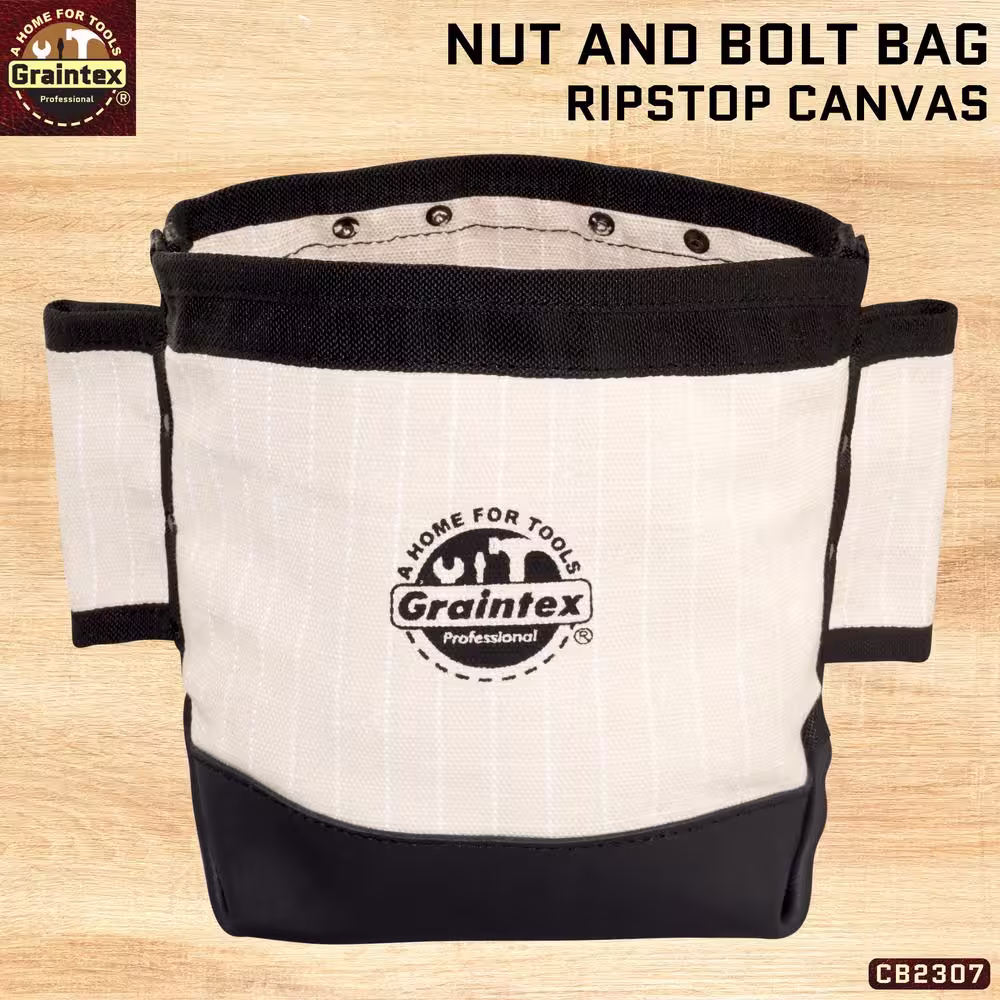 Graintex 5 in. Nut and Bolt Tool Bag with Leather Bottom Bucket and Webbing Tunnel Loops for Belt in Heavy-Duty Rip-Stop Canvas