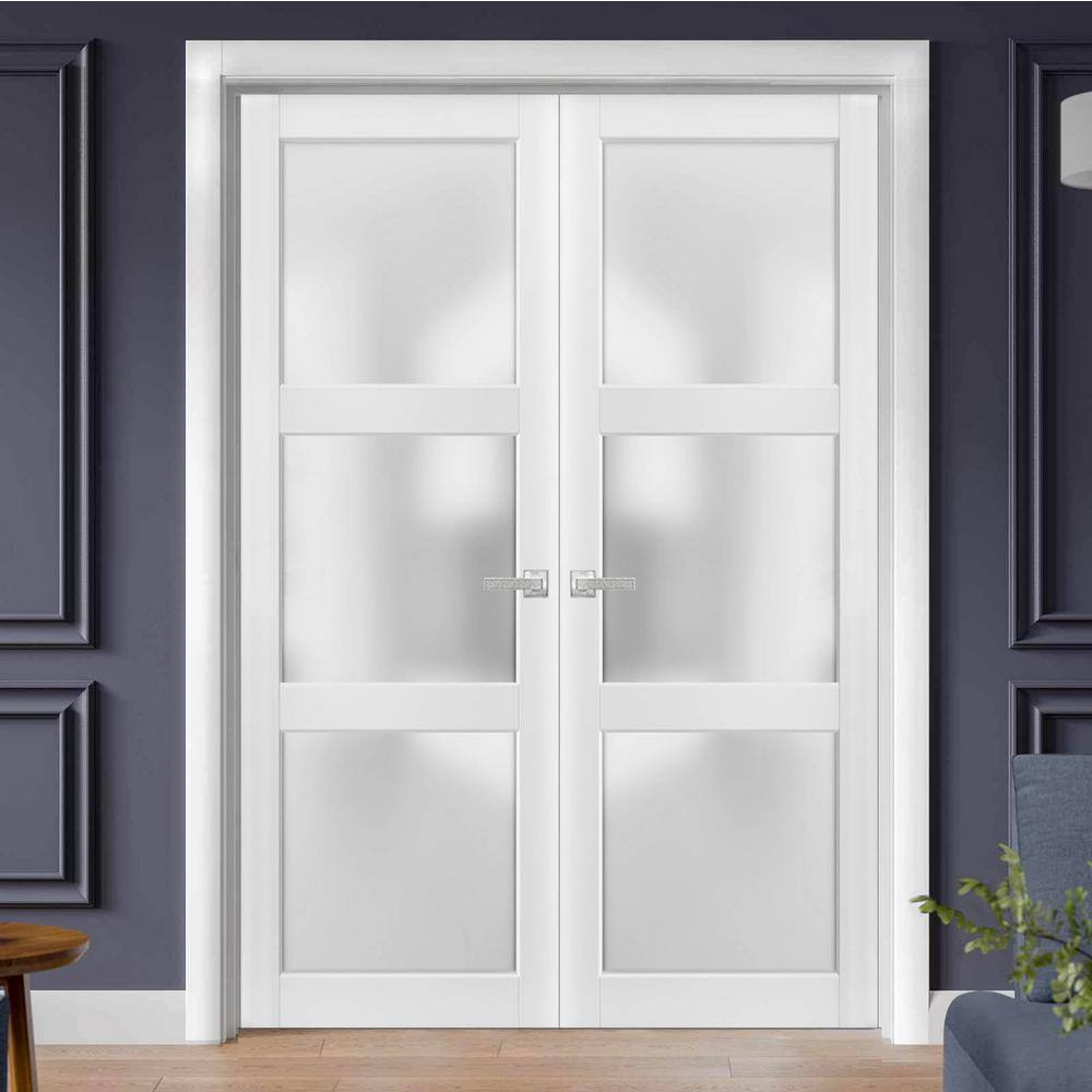 Sartodoors 2552 36 in. x 84 in. Universal Handling 3 Lite Frosted Glass Solid White Finished Pine Wood Interior Door Slab