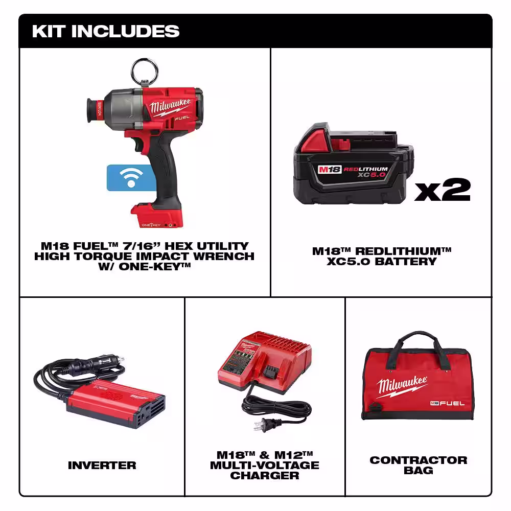 Milwaukee M18 FUEL ONE-KEY 18V Lithium-Ion Brushless Cordless 7/16 in. High-Torque Impact Wrench Kit w/ (2) Batteries & Tool Bag