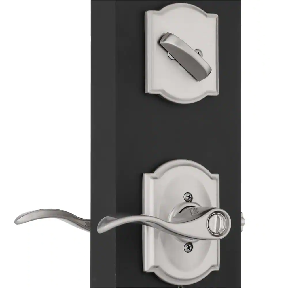 Schlage Accent Satin Nickel Single Cylinder Deadbolt and Keyed Entry Door Handle with Camelot Trim Combo Pack