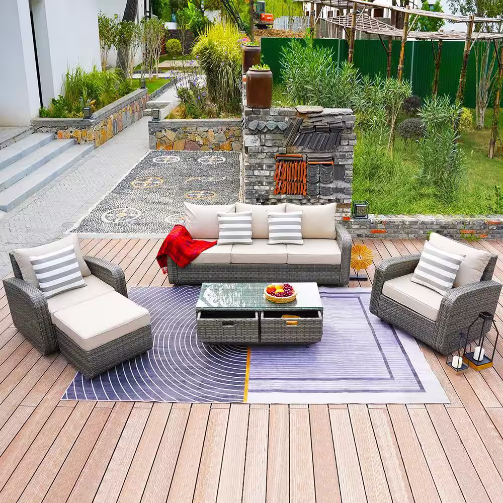 moda furnishings Albright Gray 5-Piece Wicker Patio Conversation Set with Beige Cushions
