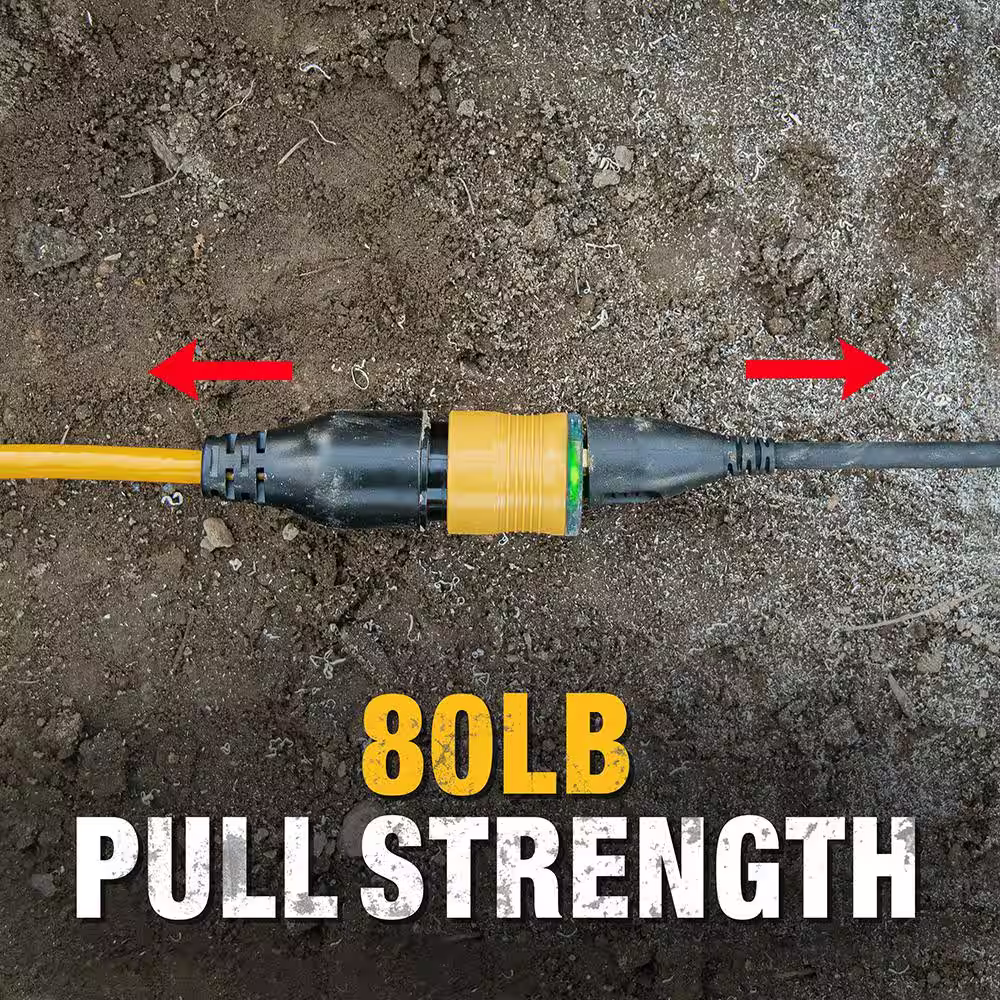 DEWALT 50 ft. 12/3 SJTW Heavy-Duty Locking Yellow Extension Cord with Dual Lighted Plugs for Power and Ground Continuity