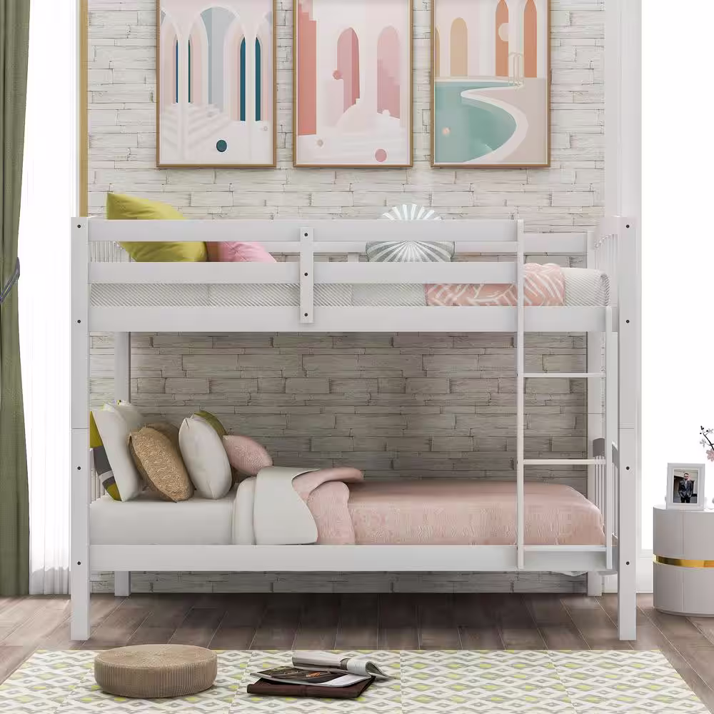 ANBAZAR Wood Bunk Bed Twin Over Twin Bunk Bed Wood 2 in 1 Bunk Bed with Ladder and Guardrails for Kids, Teens White
