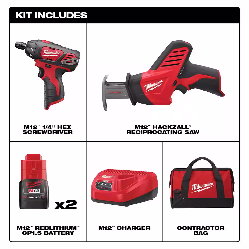 Milwaukee M12 12V Lithium-Ion Cordless Screwdriver/HACKZALL Combo Kit (2-Tool) with Two 1.5 Ah Batteries, Charger and Tool Bag