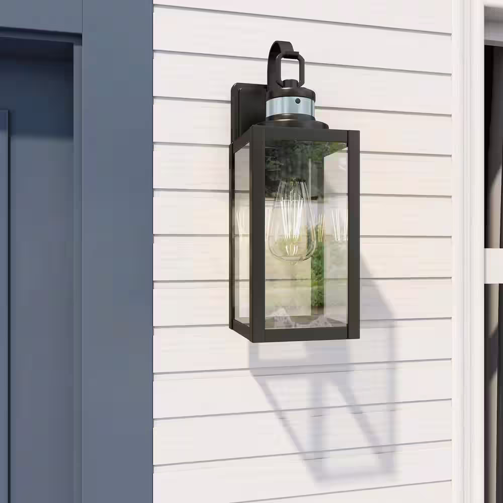 None 15 in. 1-Light Matte Black Motion Sensing Outdoor Wall Lantern Sconce Dusk to Dawn with Clear Glass