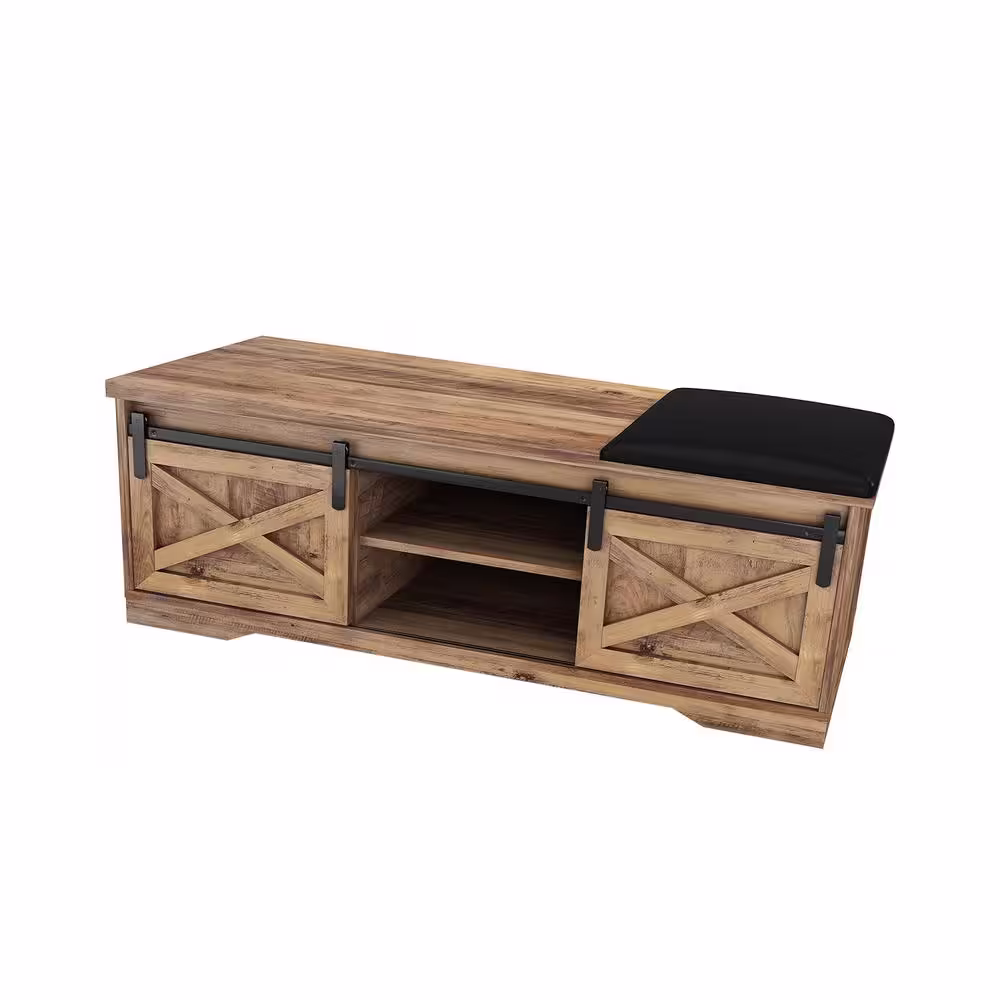 None 19 in. H x 48 in. W Light Brown Modern Farmhouse Wood Sliding Barn Door Bench with Entry Cutout Shoe Storage Bench