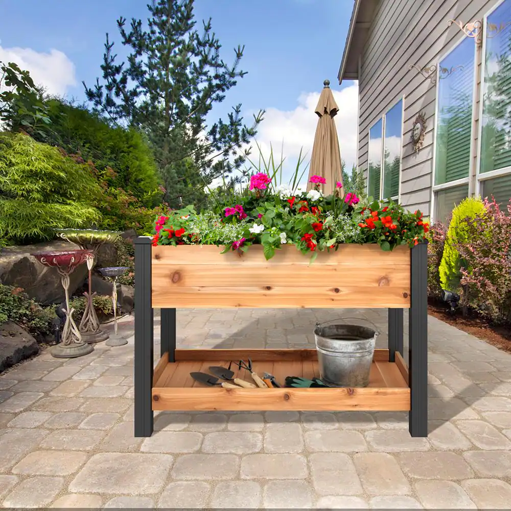 Vigoro 2 ft. x 4 ft. Elevated Cedar Garden Bed with Shelf (Vinyl Legs)