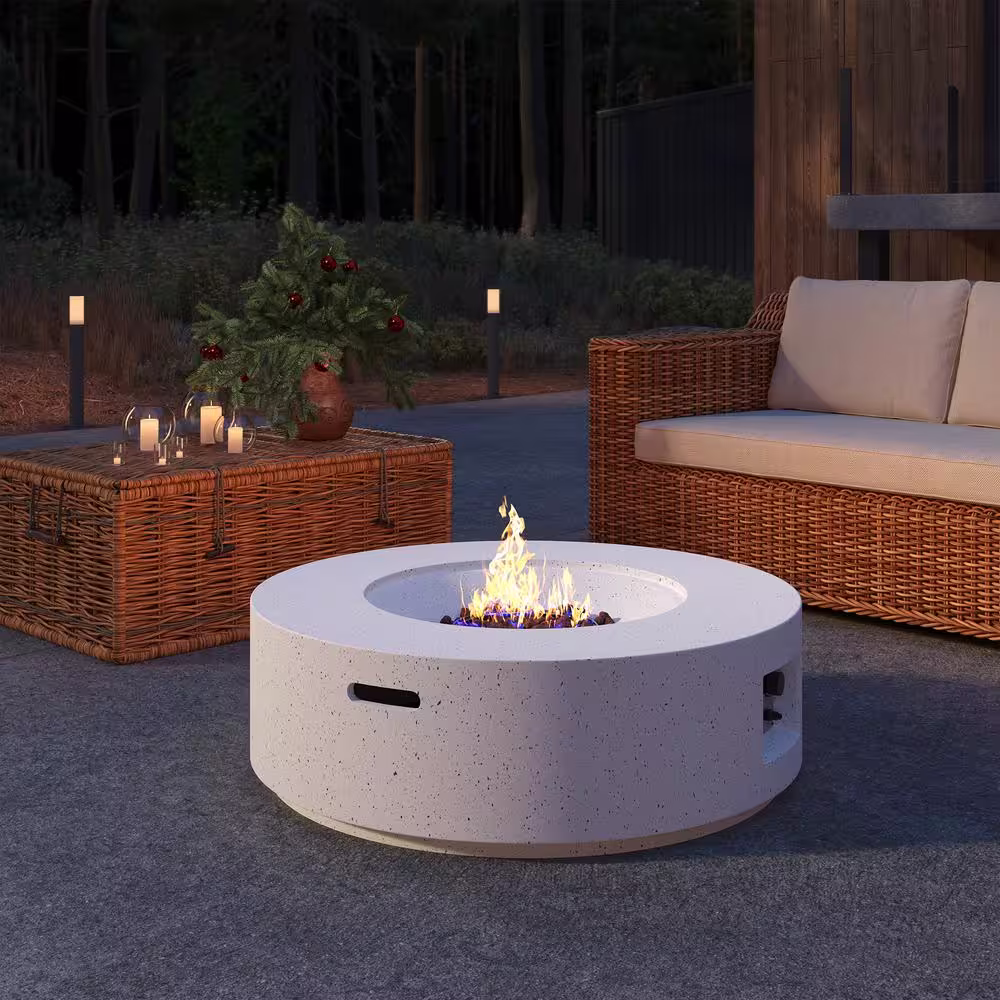 Mondawe 36 in. W Round 40000-BTU Outdoor Electronic Propane Gas Fire Pit Table MgO Tabletop with Table Cover, Lava Rock for Yard