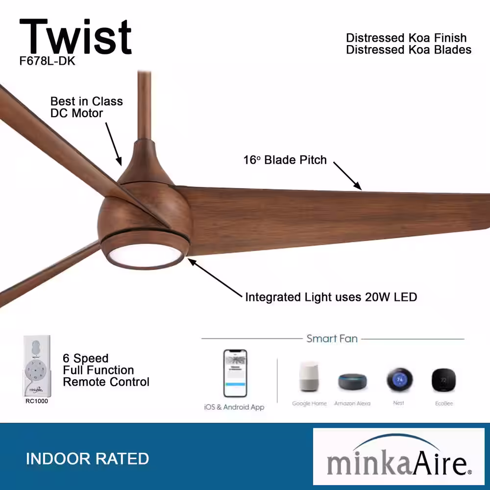 MINKA-AIRE Twist 52 in. Integrated LED Indoor Distressed Koa Smart Ceiling Fan with Remote Control