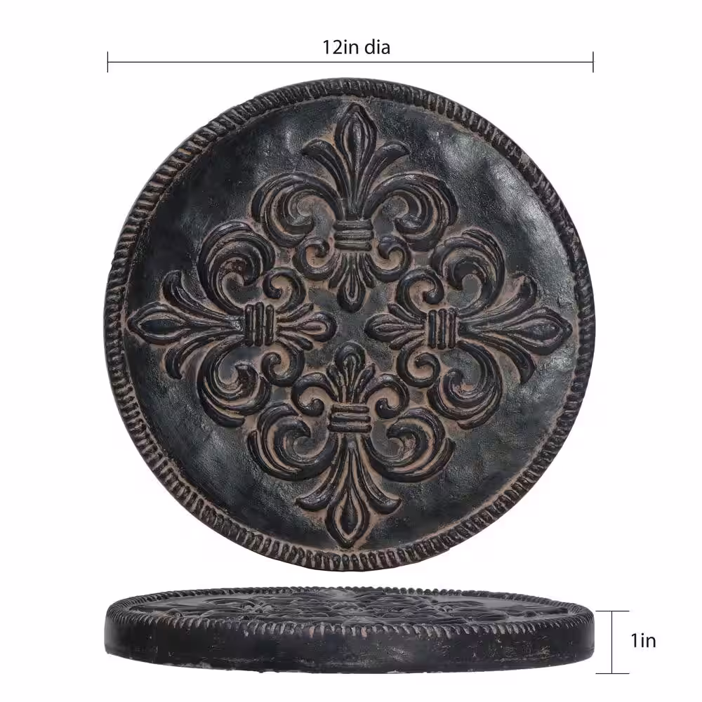 None 12 in. Dia x 1 in. H Aged Charcoal Composite Fleur De Lis Stepping Stones (Set of 3)