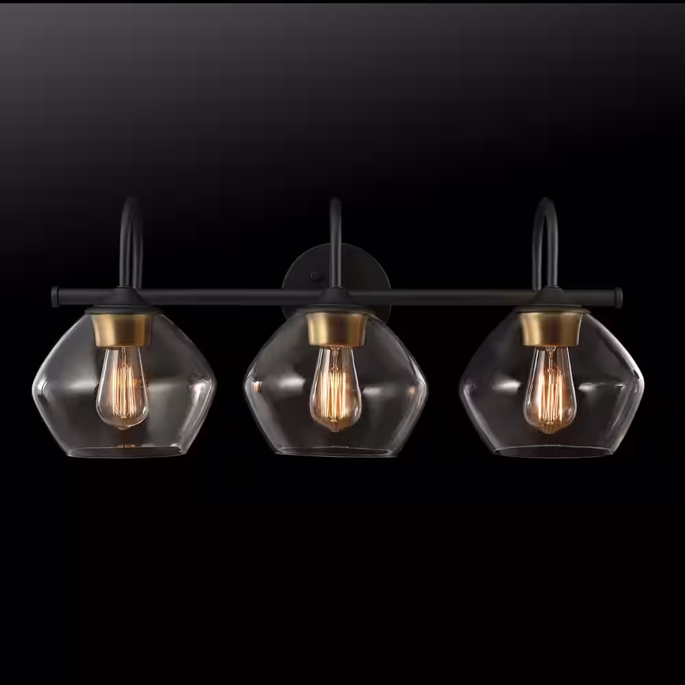 Globe Electric Harrow 26.3 in. 3-Light Dark Bronze Vanity Light with Antique Brass Accents and Clear Glass Shades