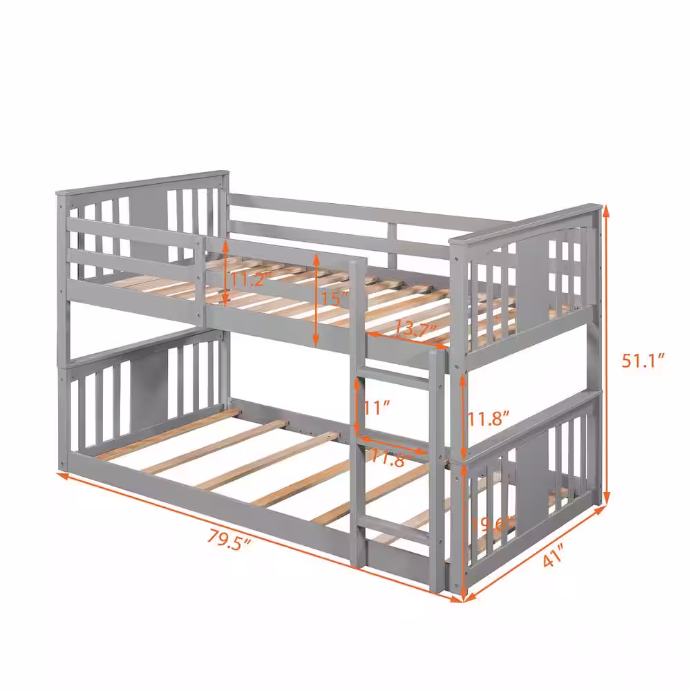 Harper & Bright Designs Gray Twin Over Twin. Wood Low Bunk Bed with Ladder