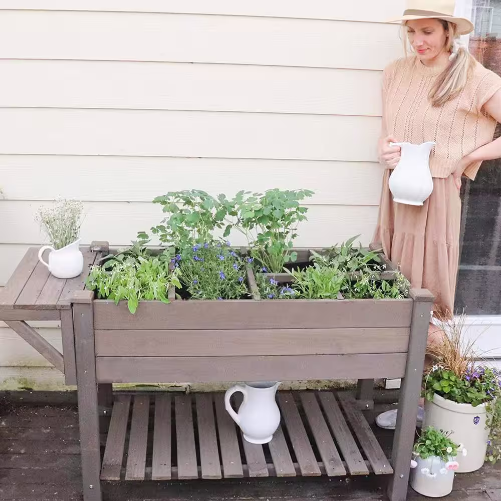 None Raised Garden Bed with Large Storage Shelf Wooden Herb Planter