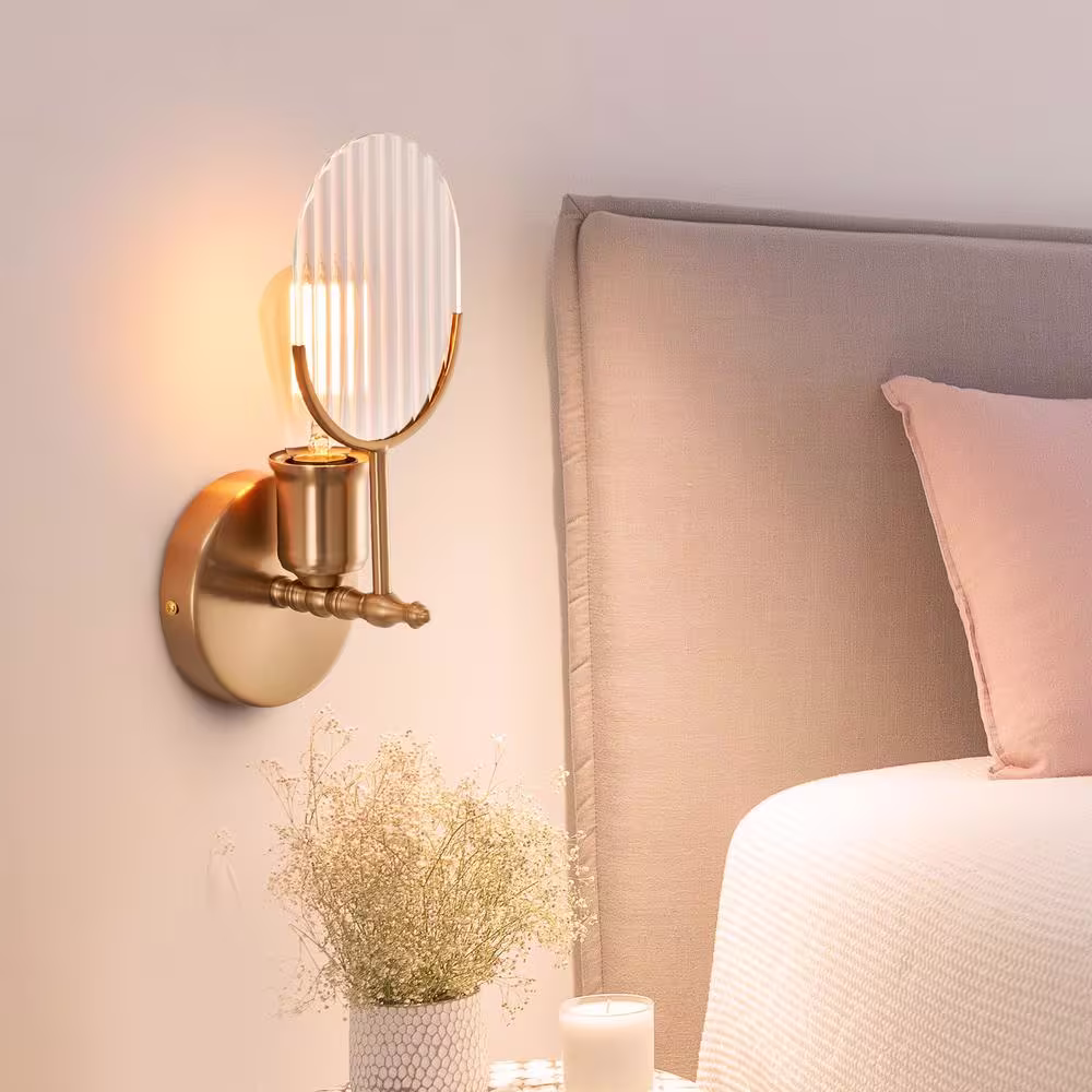 Merra 1-Light Gold Modern Armed Wall Sconce with Wavy Glass Shade