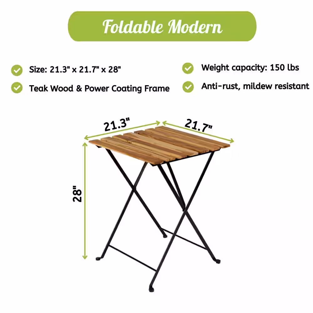 None 3-Piece Teak Wood Outdoor Bistro Set, Folding Square Table and Chairs with Waterproof Navy Cushion