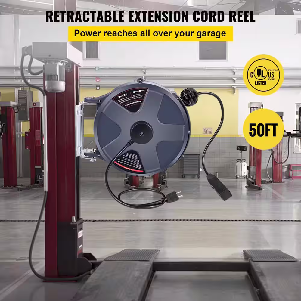 VEVOR 50 ft. Plus 3.2 ft. 16/3 Electric Cord Reel Retractable Wall/Ceiling Mount Triple Tap Connector with Stopper
