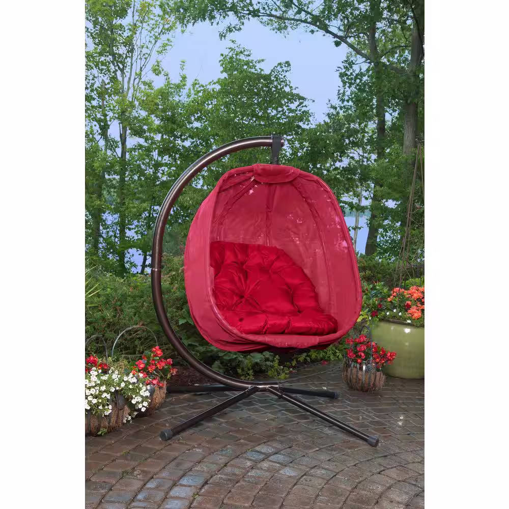 None 43 in. Free Standing Red Outdoor Patio Hanging Pumpkin Loveseat Egg Chair Hammock with Cushion and C Type Bracket