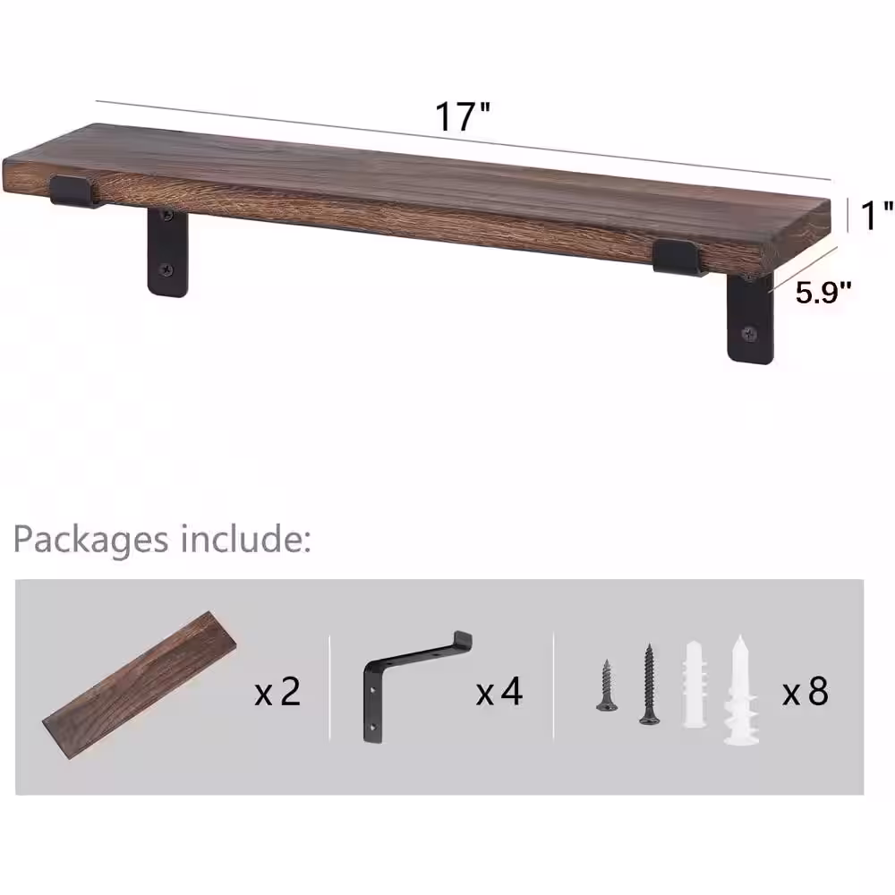 None 17 in. W x 5.9 in. D Brown Wood Composite Decorative Wall Shelf Floating Shelves Wall Mounted Set of 2
