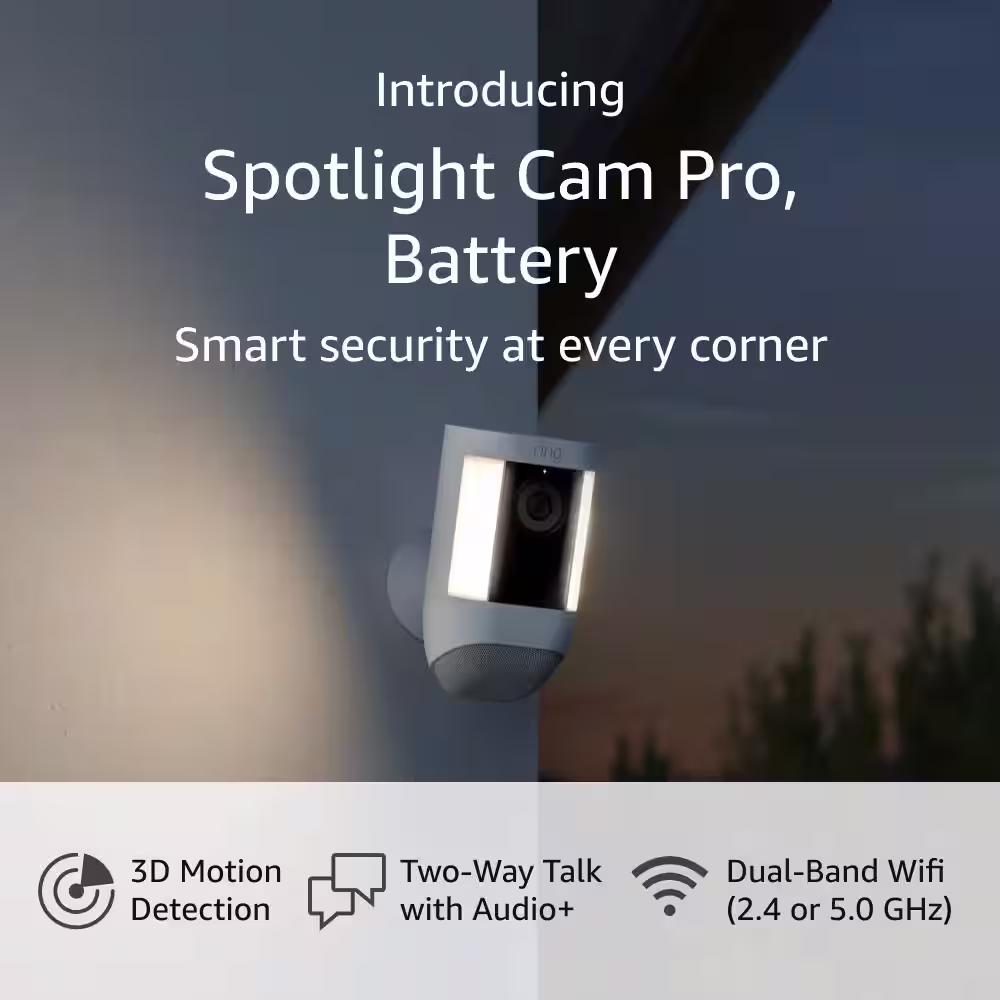 Ring Spotlight Cam Pro, Battery - Smart Security Video Camera with LED Lights, Dual Band Wifi, 3D Motion Detection, White