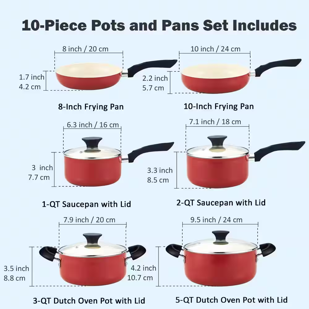 Cook N Home Stay Cool Handle 10-Piece Aluminum Ceramic Nonstick Cookware Set in Red