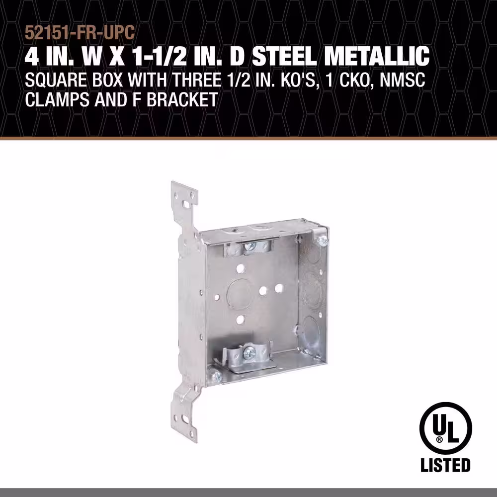 Southwire 4 in. W x 1-1/2 in. D Steel Metallic Square Box with Three 1/2 in. KO's, 1 CKO, NMSC Clamps and F Bracket
