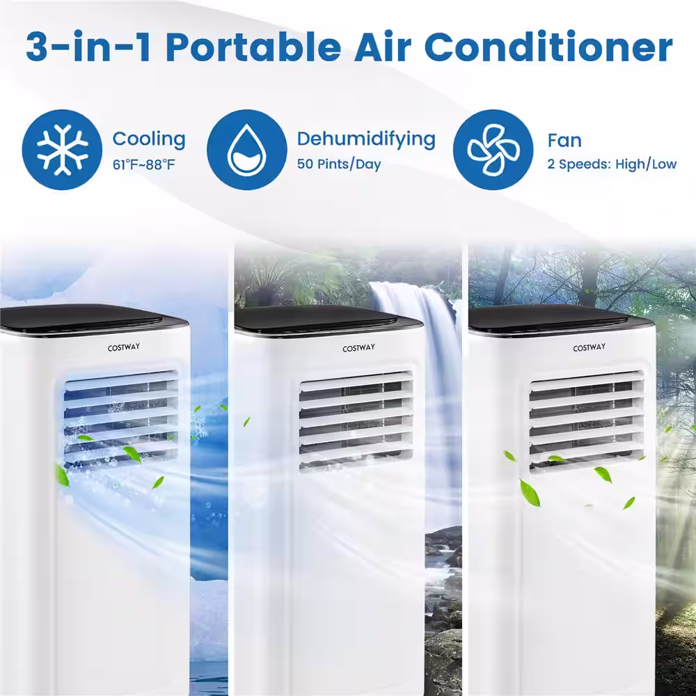 Costway 9,000 BTU Portable Air Conditioner AC Unit 3-in-1 Cools 280 Sq. Ft. with Dehumidifier Remote in White
