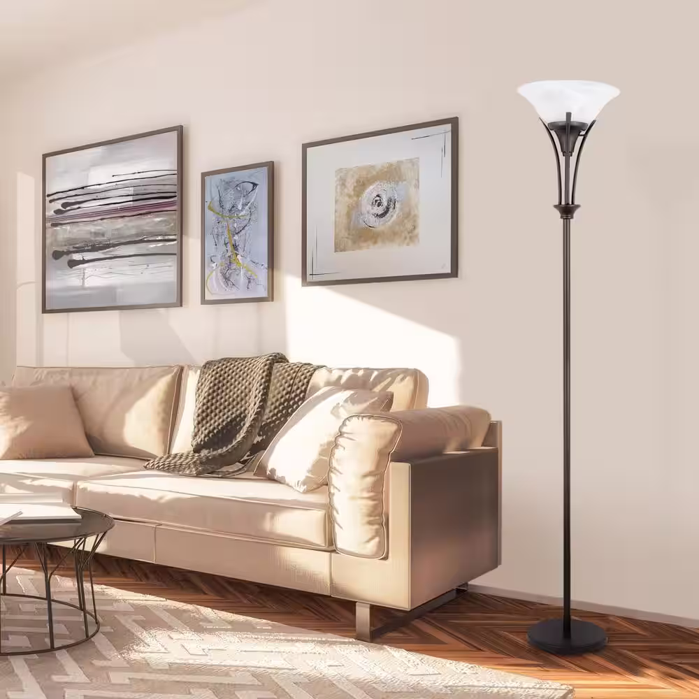 Globe Electric 70.75 in. Dark Bronze Floor with Alabaster Glass Shade