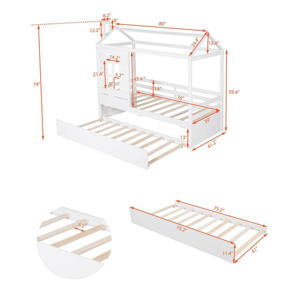 Harper & Bright Designs White Twin Wood House Bed with Trundle