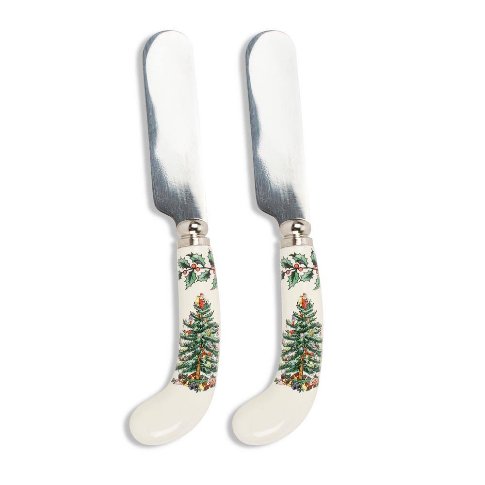 Spode Christmas Tree 4.75 in. 4-Piece Stainless Steel and White Ceramic Spreader Set