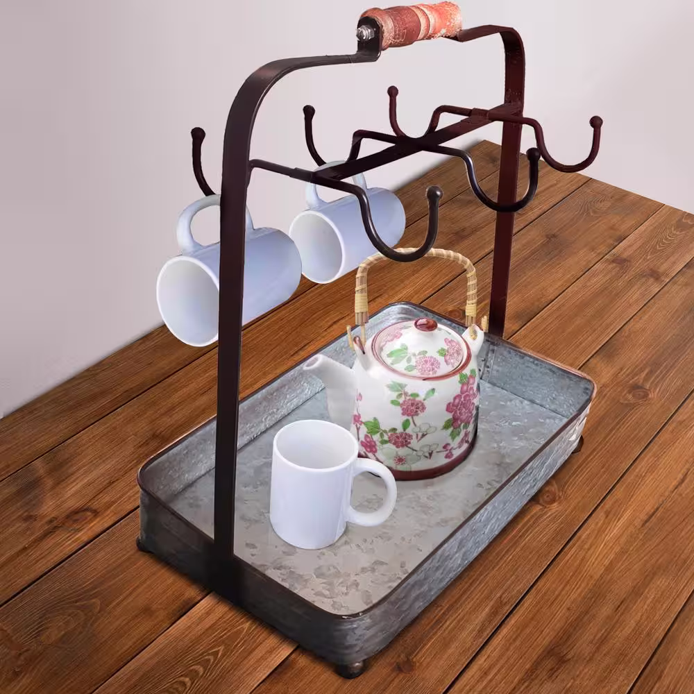 None 6-Hook Gray Galvanized Metal Mug Tree
