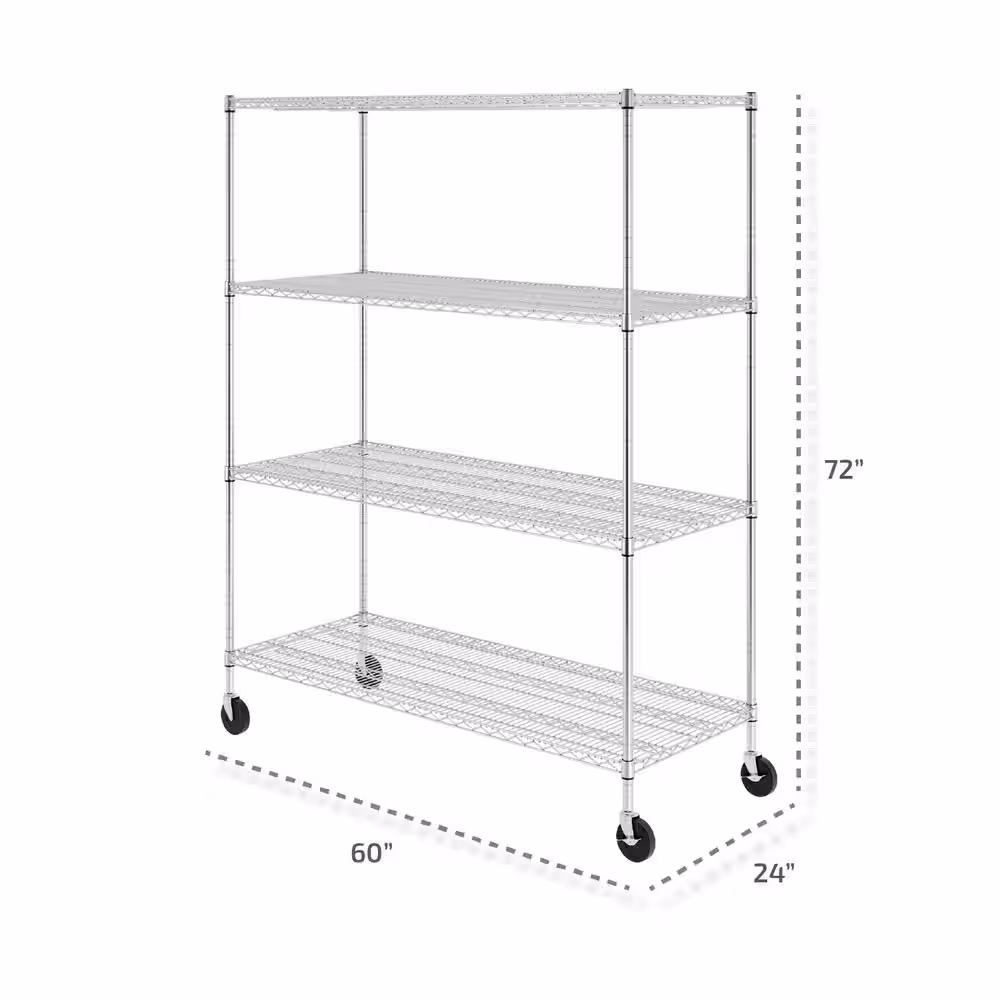 SafeRacks 72 in. H x 60 in. W x 24 in. D NSF 4-Tier Wire Chrome Shelving Rack with Wheels