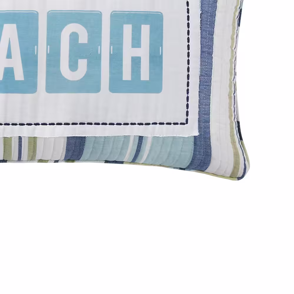 Levtex Home Bayport Green, Blue and White Stripe, BEACH Print Appliqued 12 in. x 24 in. Throw Pillow
