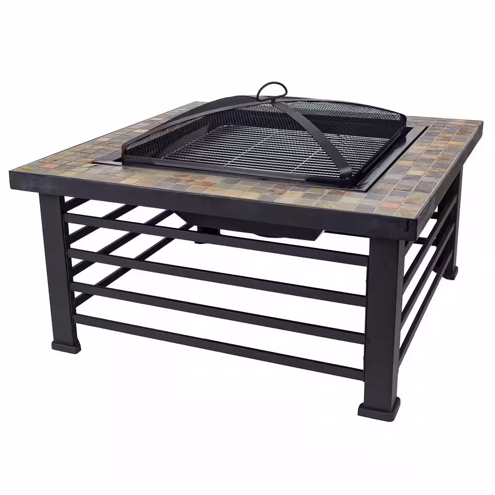 Pleasant Hearth Cascade Slate Top 34 in. Wx22.5 in. H Square Steel Wood Black Fire Pit