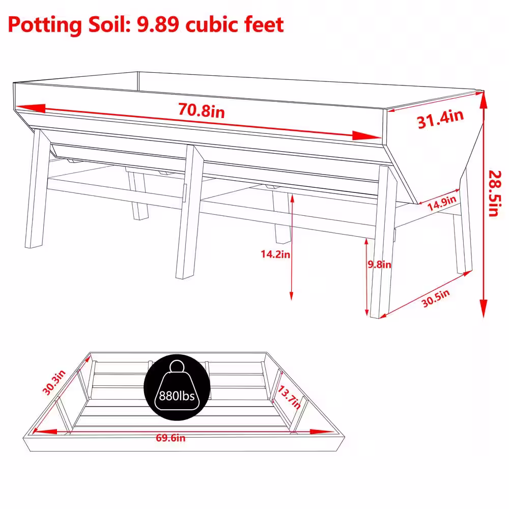 None 71 in. W x 31 in. D x 29 in. H Oversized Carbonized Wooden Raised Garden Bed with Funnel Design and Liner