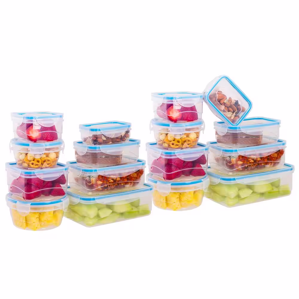 None 32-Piece Durable Meal Prep Plastic Food Containers with Snap Lock Lids - Blue
