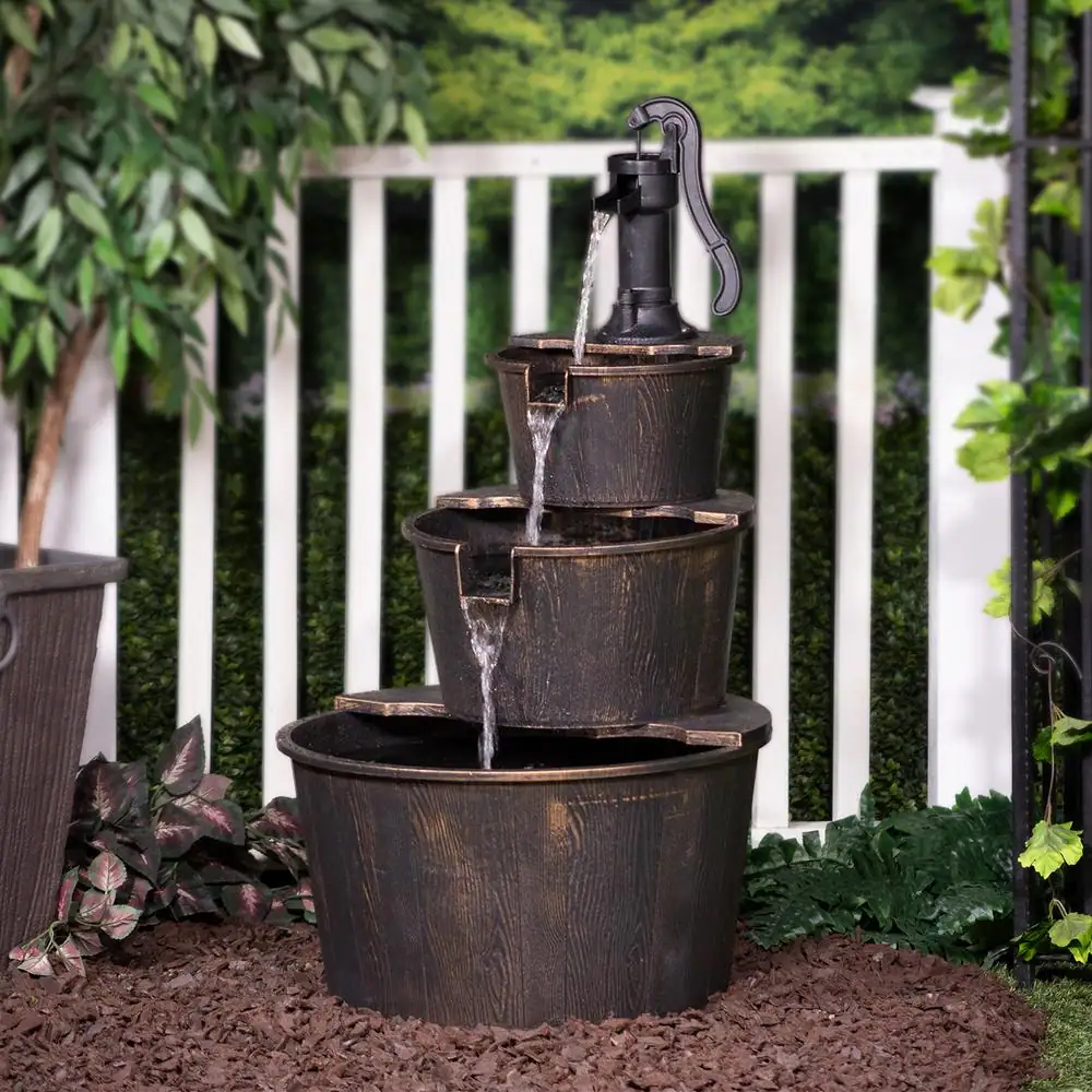 Alpine Corporation 40 in. Tall Outdoor 3-Tier Barrel Pump Waterfall Fountain, Brown