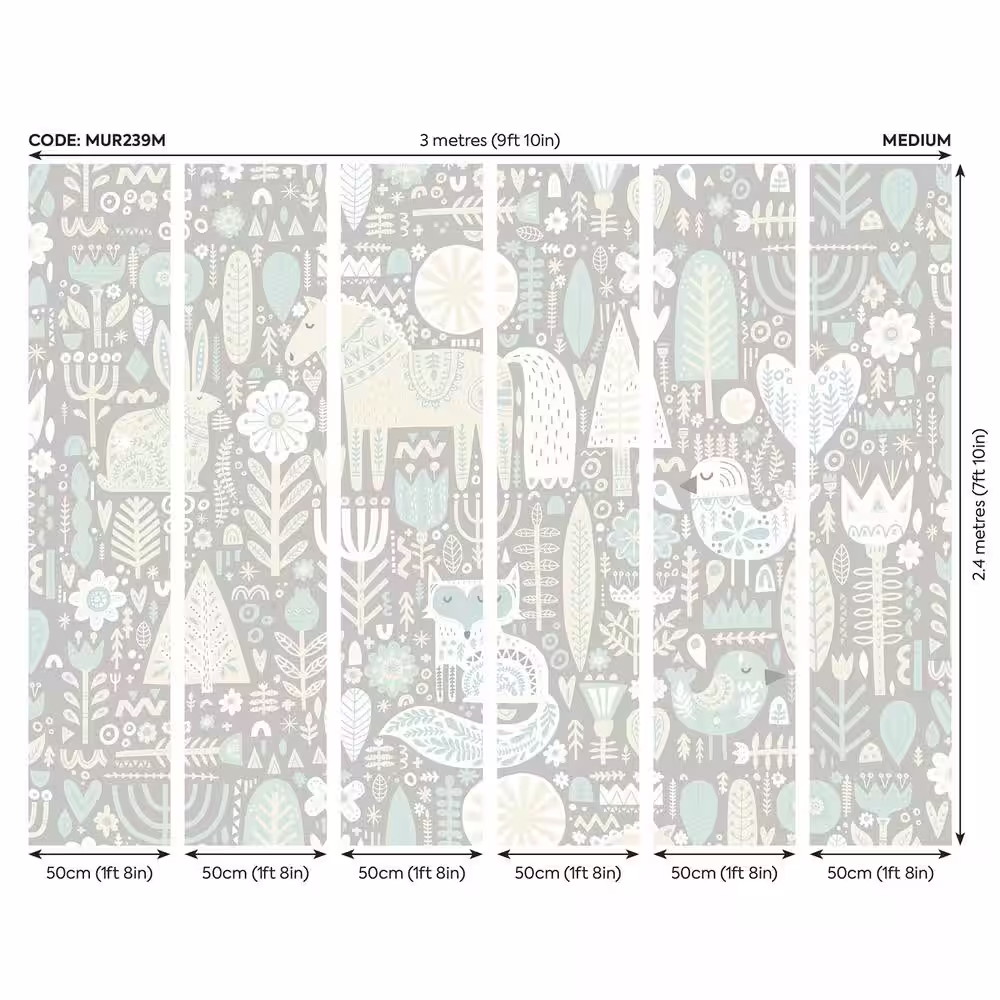 None Aqua Scandi Forest Animals Wall Mural
