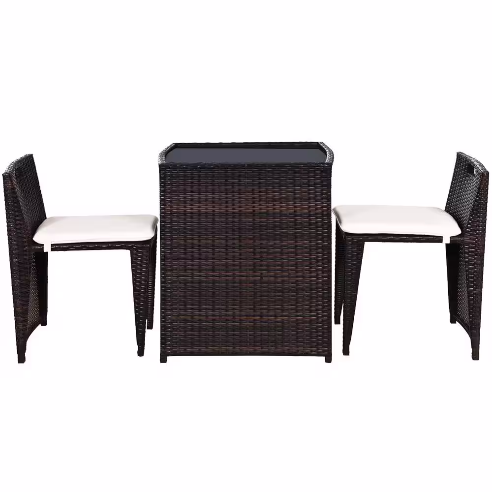 SUNRINX 3-Piece Wicker Outdoor Patio Bistro Set with White Cushion