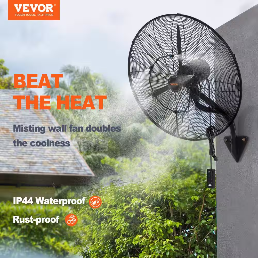 VEVOR Wall-Mount Misting Fan 24 in. 3-speed High Velocity Max. 7000 CFM Waterproof Oscillating Industrial Wall Fan