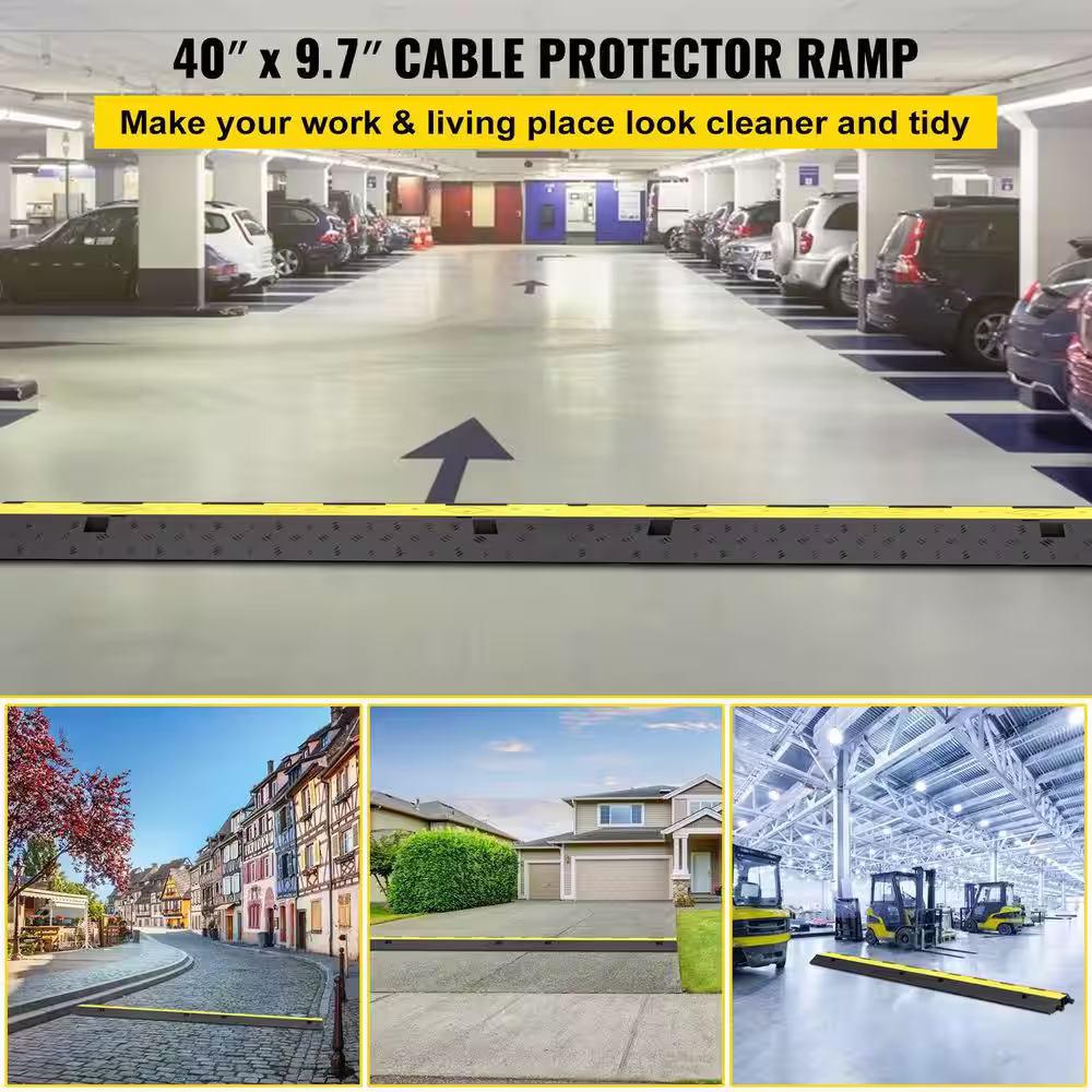 VEVOR Cable Protector Ramp 2-Channels Modular Speed Bump Hump Rubber 11000 lbs. Load for Wire Cord Driveway Traffic (4-Pack)