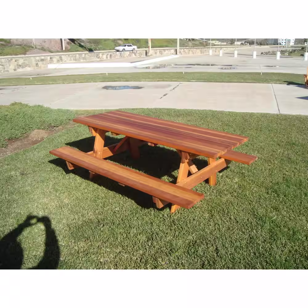 None Outdoor 1905 Super Deck Finished 8 ft. Redwood Picnic Table with Attached Benches