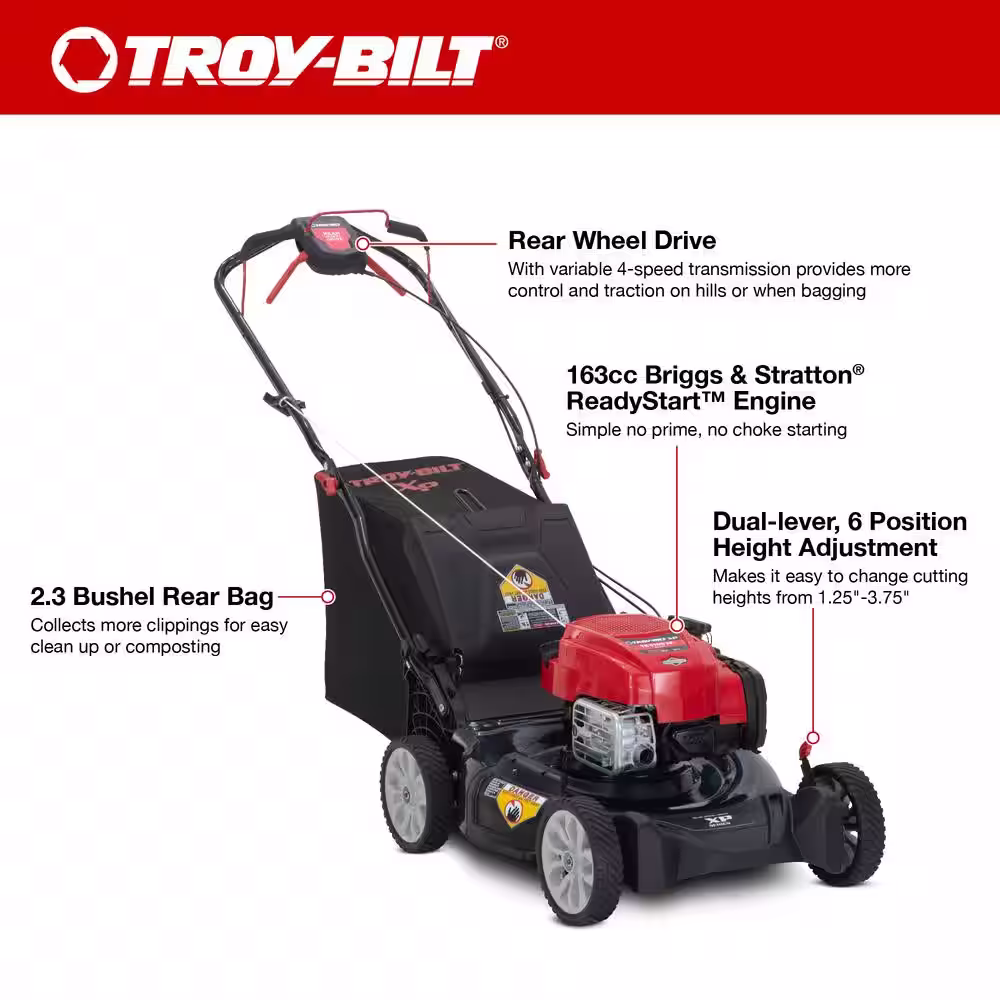 Troy-Bilt XP 21 in. 163 cc Briggs and Stratton ReadyStart Engine 3-in-1 Gas RWD Self Propelled Lawn Mower
