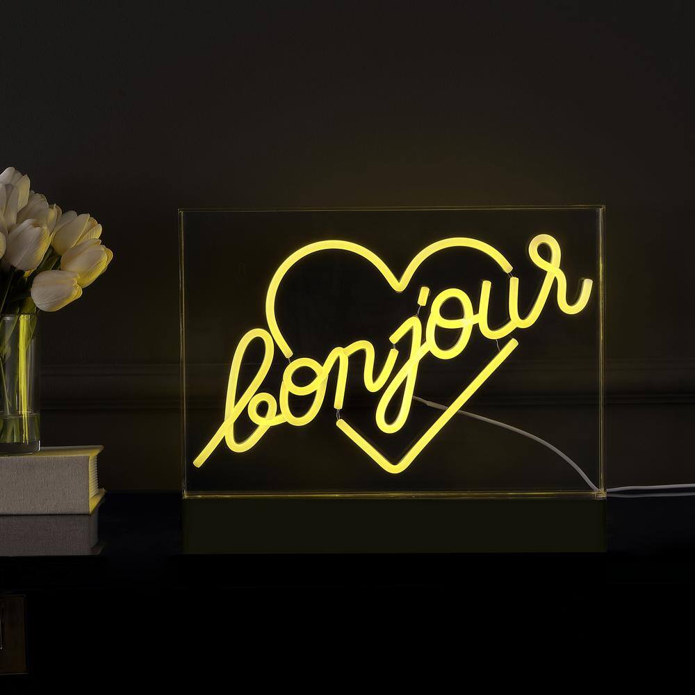 JONATHAN Y Bonjour Heart 15 in. x 10.3 in. Contemporary Glam Acrylic Box USB Operated LED Neon Night Light, Yellow